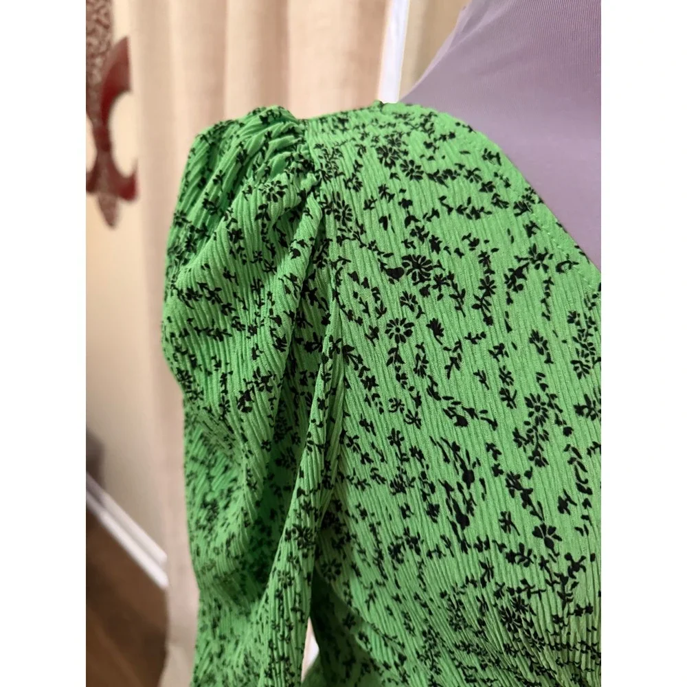 MNG Green Floral Print Midi Dress Long Sleeve V Neck Ruched Waist - Picture 5 of 9